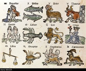 ABA2DR "astrology, zodiac signs, coloured woodcut, calender", Germany, 1st half 16th century, private collection, Aries, Taurus, Gemin